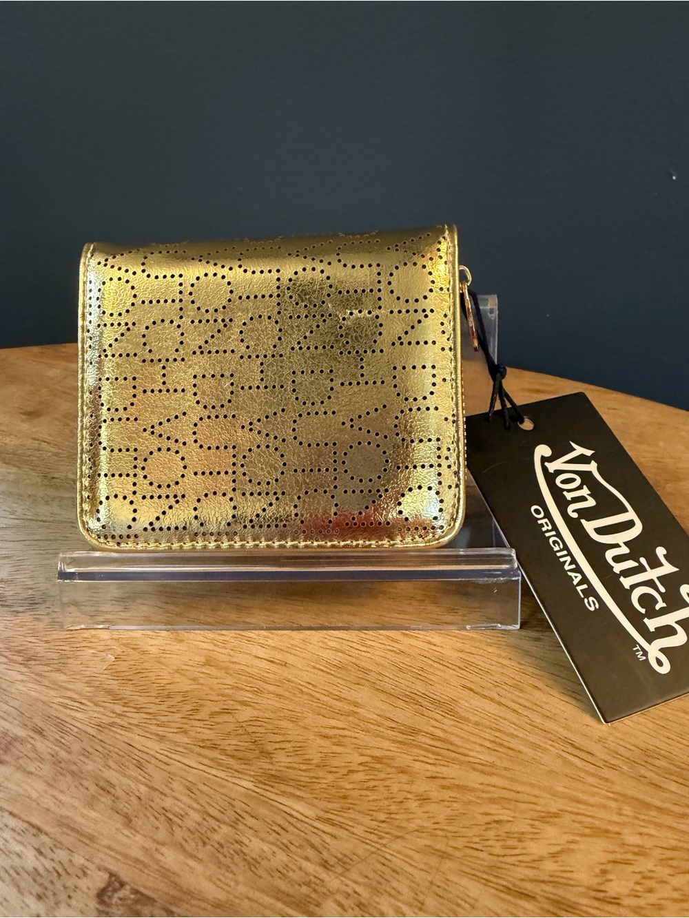 Von Dutch Metallic Gold Perforated Logo Compact Wallet